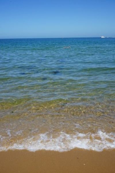 Clear turquoise water and small waves on a sandy beach at Elwood Beach, Australia