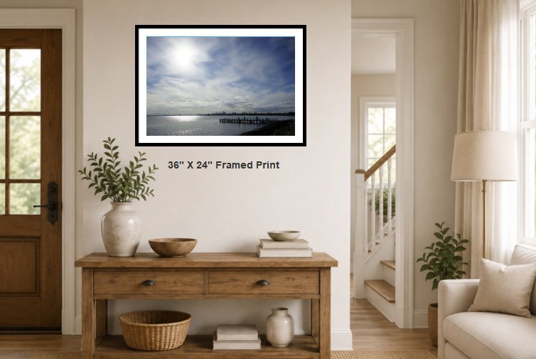 Melbourne skyline wall art - cityscape view across Port Phillip Bay with a wooden pier in the foreground near Elwood Beach