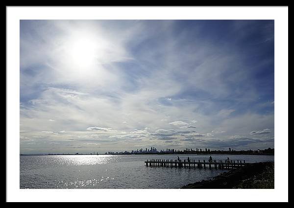Melbourne skyline wall art - cityscape view across Port Phillip Bay with a wooden pier in the foreground near Elwood Beach